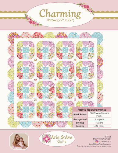 Charming quilt pattern by Aria & Ava Quilts featuring colorful charm pack blocks in a 72x72 inch throw design