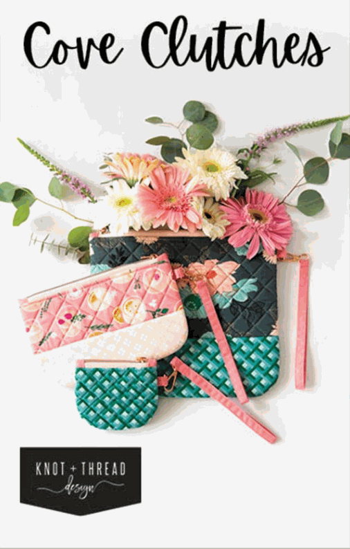 Cove Clutches Pattern three quilted clutch sizes with floral accents and colorful fabrics