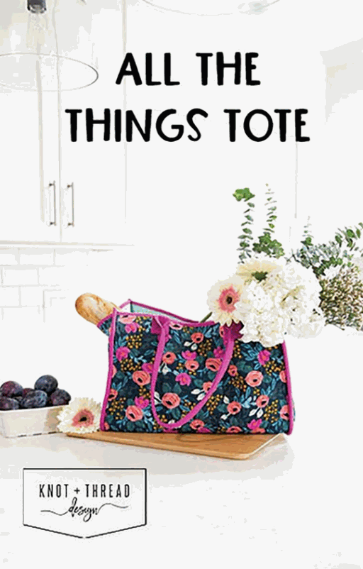 All the Things Tote bag pattern by Kaitlyn Howell with large opening and end panel pockets in three sizes