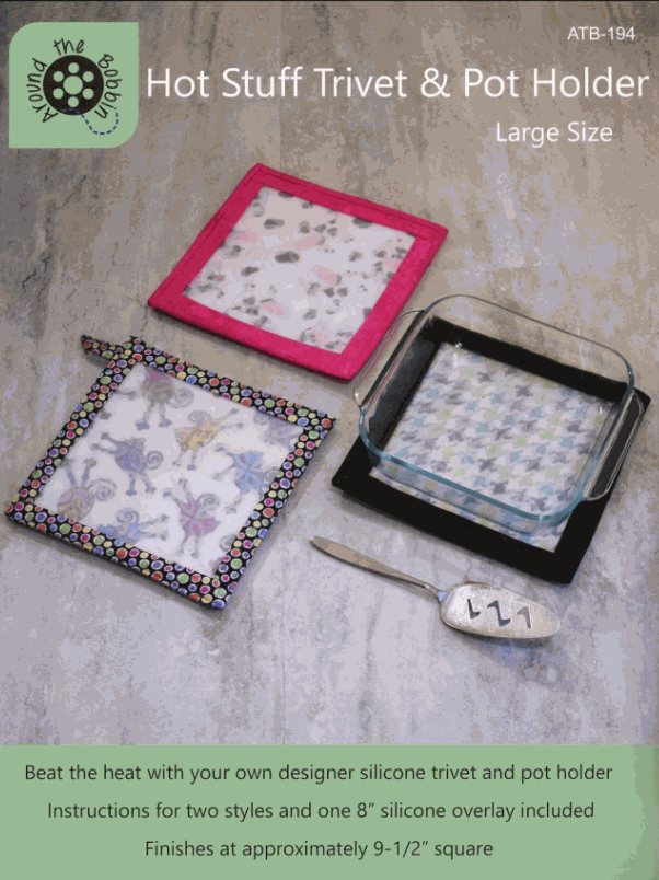 Large Hot Stuff Trivet and Pot Holder with designer silicone overlay and colorful fabric edges