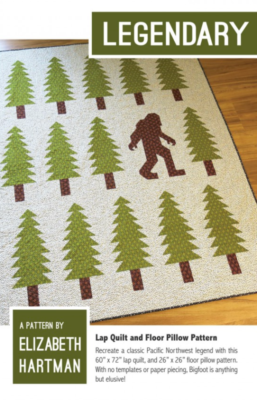 Legendary Quilt Pattern featuring patchwork Bigfoot and tree blocks lap quilt and floor pillow