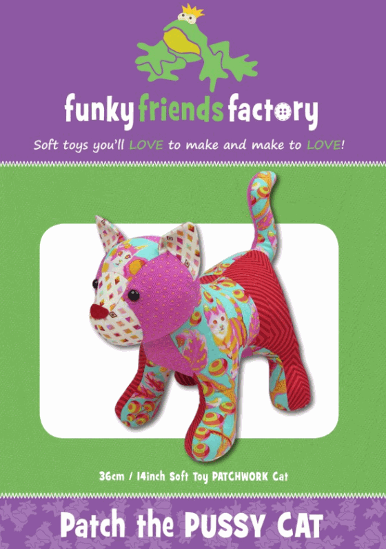 Funky Friends Factory Patch the Pussy Cat patchwork soft toy sewing pattern by Pauline McArthur