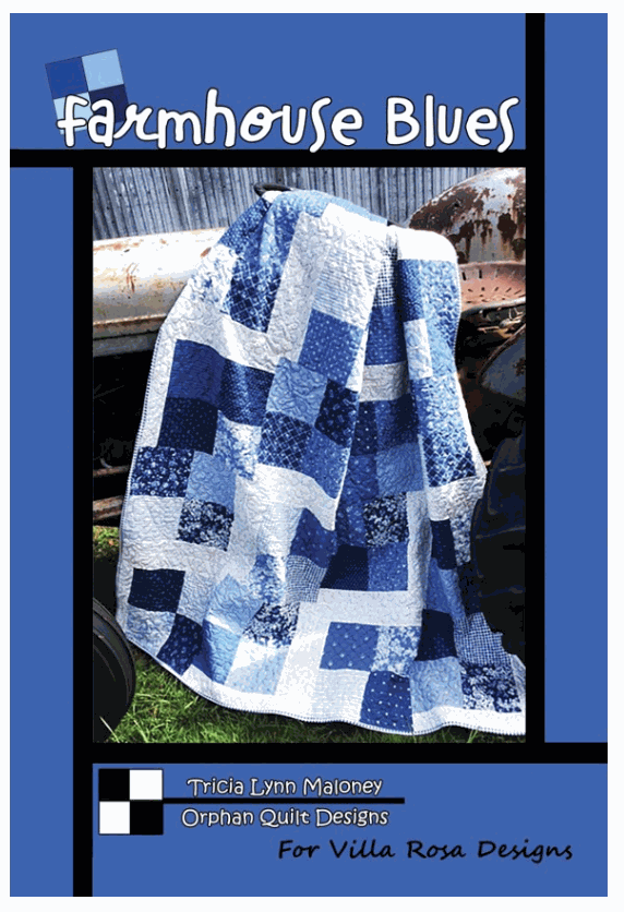 Farmhouse Blues quilt pattern by Tricia Lynn Maloney with blue patchwork design using 14 fat quarters, 60 by 75 inches