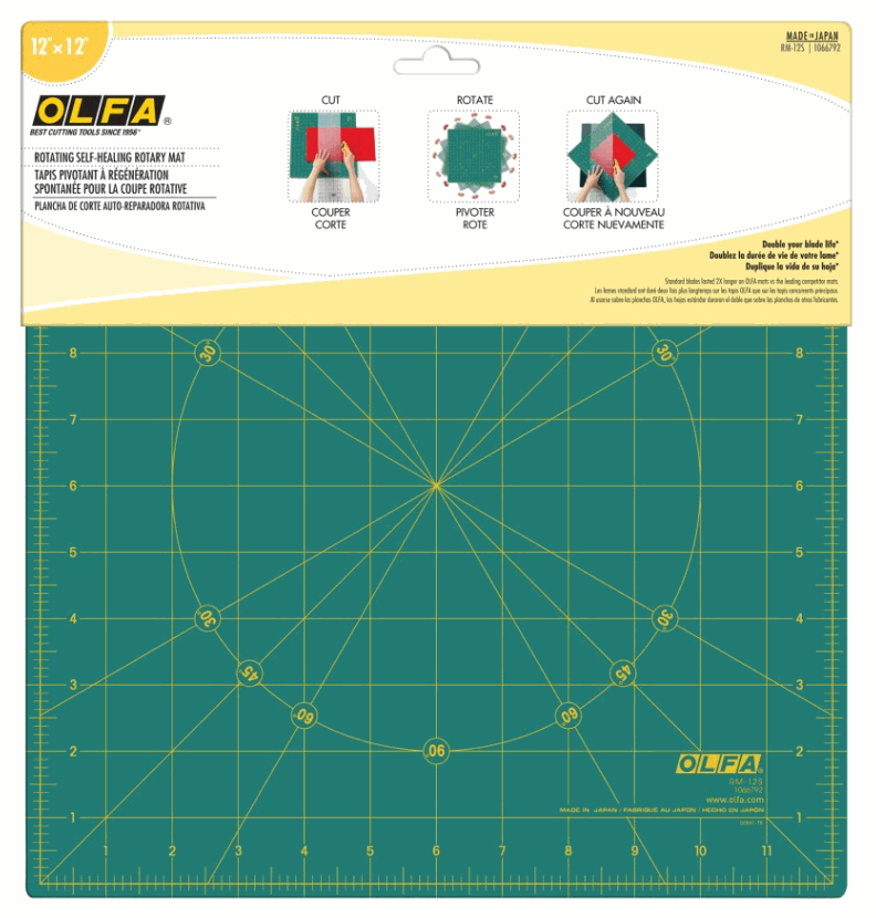 Rotating Self-Healing Rotary Mat 12x12 inches with 360-degree rotation and measurement grid for precise cutting