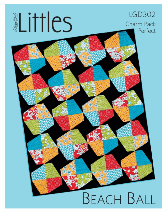 Beach Ball Quilt Pattern with colorful charm squares on black background by Lazy Girl Designs