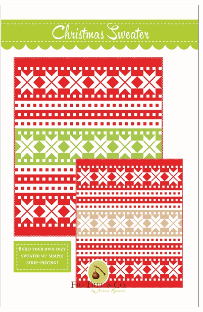 Christmas sweater quilt pattern with red, green, and ivory Nordic-inspired design by Fig Tree & Co