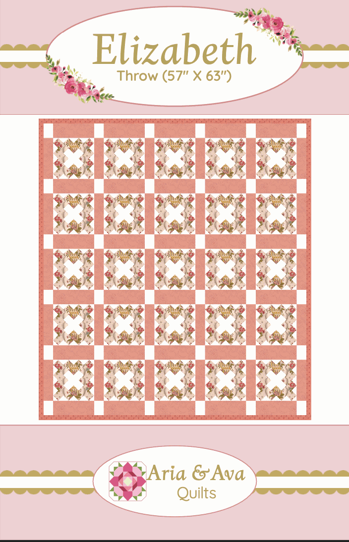 Elizabeth Quilt Pattern by Aria & Ava featuring strip piecing and large-scale prints in a 57x63 inch throw design