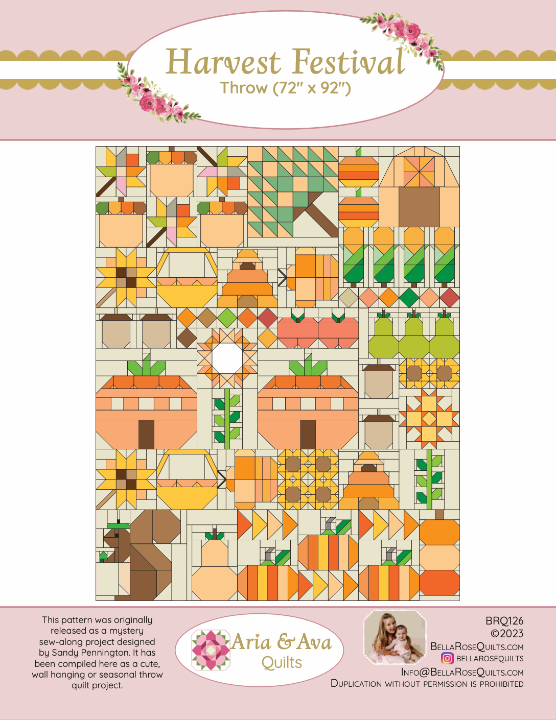 Harvest Festival Pattern quilt design with pumpkins, acorns, maple leaves, pine trees, bees, and squirrel by Aria & Ava