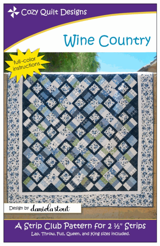Wine Country Pattern quilt with geometric blue and white strip design by Cozy Quilt Designs