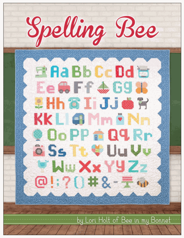 Spelling Bee Pattern quilt featuring colorful alphabet blocks and school-themed icons by Lori Holt