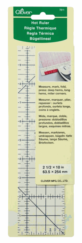 Clover Hot Ruler 2.5" x 10" heat-resistant sewing tool with non-slip surface for precise fabric measuring and folding
