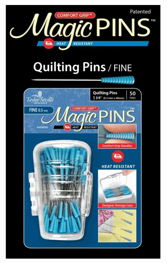Magic PINS Quilting Pins fine 50 count with comfort grip handles heat resistant in storage case