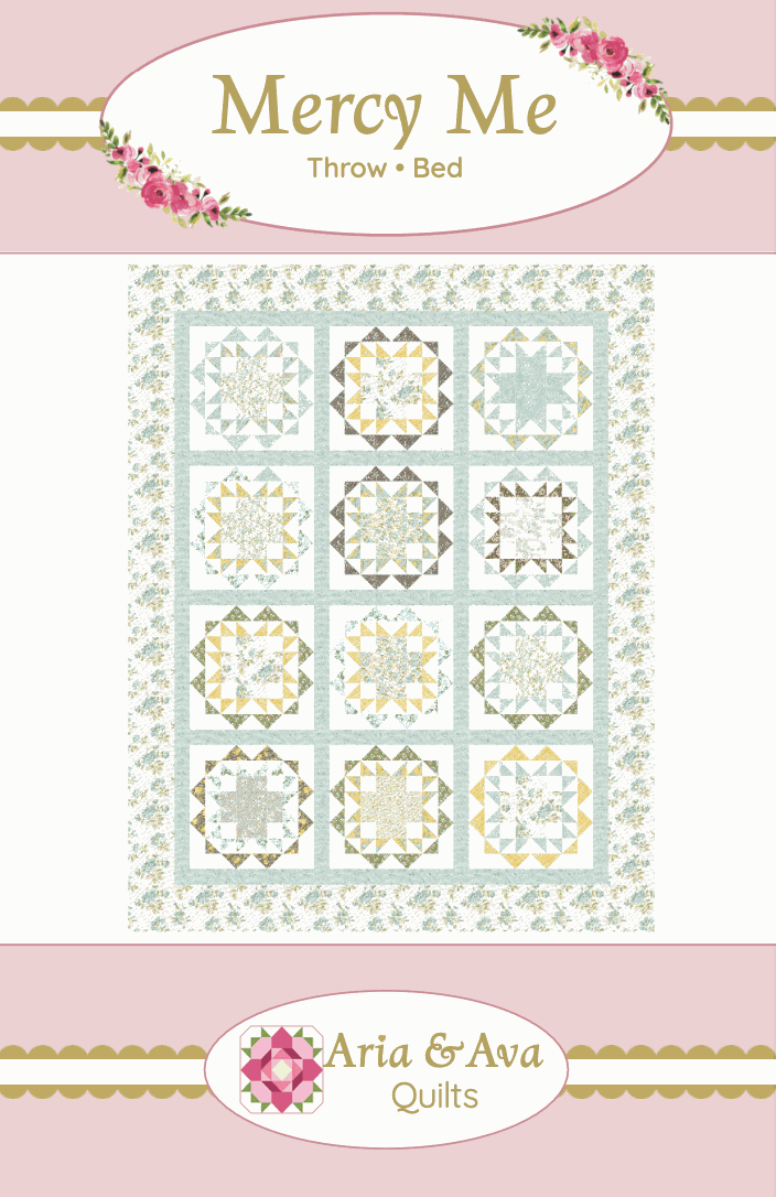 Mercy Me Quilt Pattern by Aria & Ava featuring a scrappy spring quilt design with unique blocks