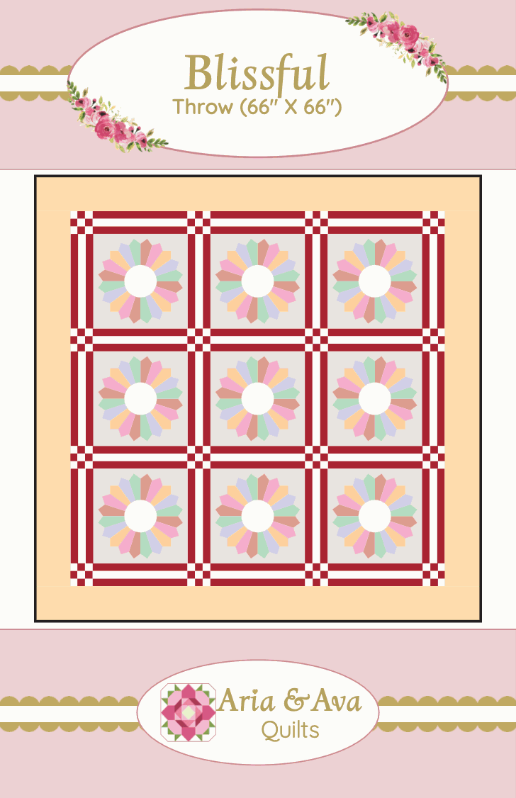 Blissful Quilt Pattern by Aria & Ava featuring Dresden Plate design with pastel colors and checkerboard border in downloadable pattern format