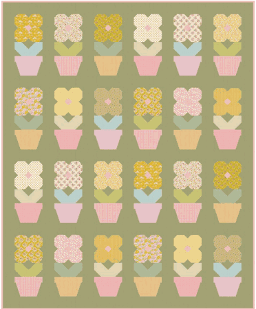Potted Flowers Quilt Kit with floral fabric blocks and pastel pots on pine background from TILDA Creating Memories collection