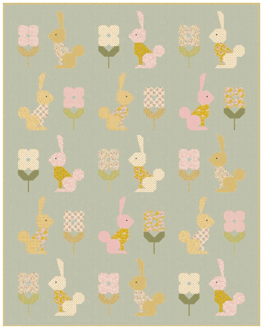 Spring Hare Quilt Kit with pastel hares and flowers on sage chambray background from TILDA Creating Memories collection