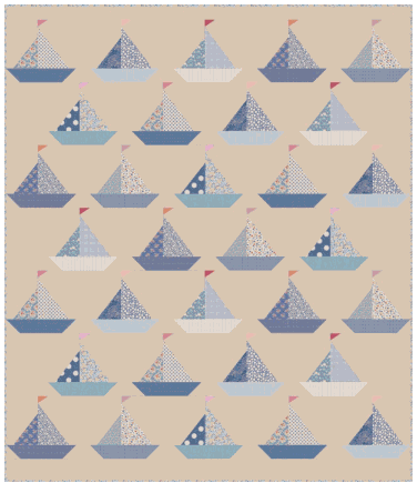 Sailboat Quilt Kit with colorful sailboat blocks on beige background from TILDA Creating Memories Summer Collection