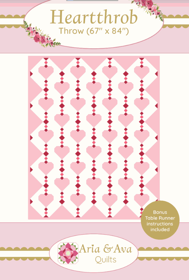 Heartthrob Quilt Pattern by Aria & Ava featuring pink heart design and bonus table runner instructions downloadable pattern