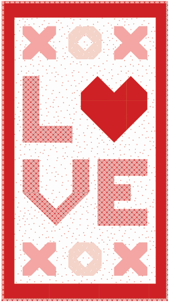 All My Love Door Banner with heart and XO design in red and pink tones, 20x36 inch fabric DIY kit