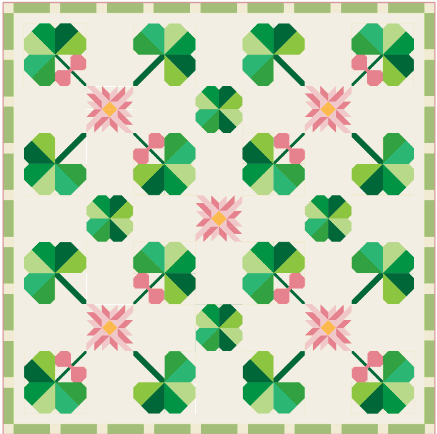 Lucky Quilt Kit featuring green clover and pink star quilt pattern from Aria & Ava with Little Clover fabric from Andover Fabrics
