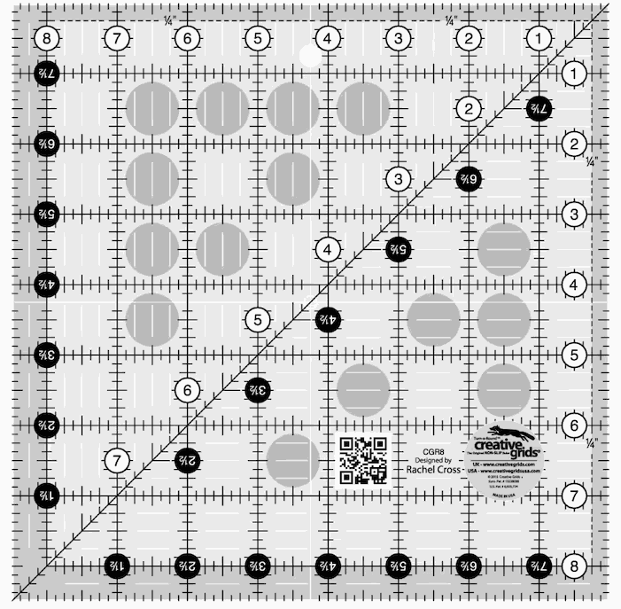 Creative Grids 8.5 inch quilting ruler with black and white grid markings and non-slip grip
