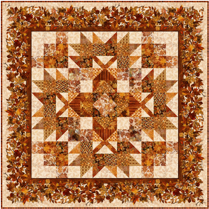 Falling Leaves Quilt Kit with autumn leaf fabric pattern and detailed patchwork design