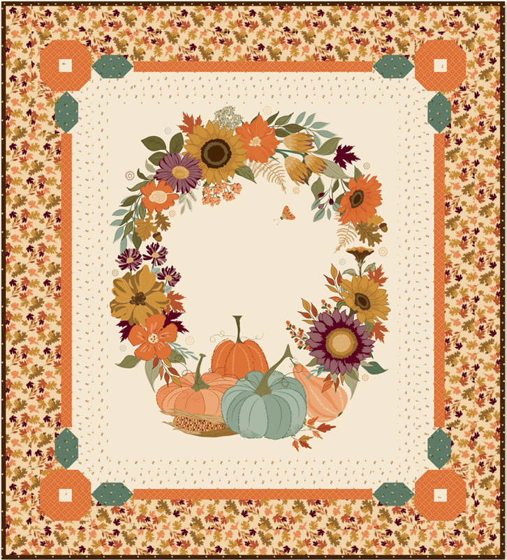 Autumn Wreath Panel Quilt Kit with floral and pumpkin design in fall colors by Sandy Gervais