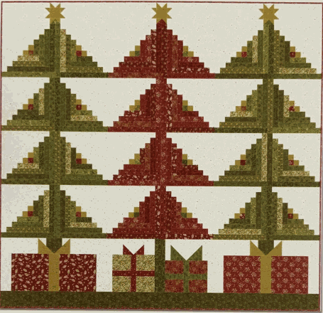 Christmas Presence Quilt Kit with Baubles & Balsam pattern by Kim Diehl featuring Christmas trees and gift blocks in red and green fabrics