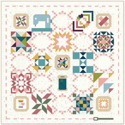 Strength in Every Stitch quilt kit featuring colorful patchwork blocks and sewing motifs in a 71.5-inch square design