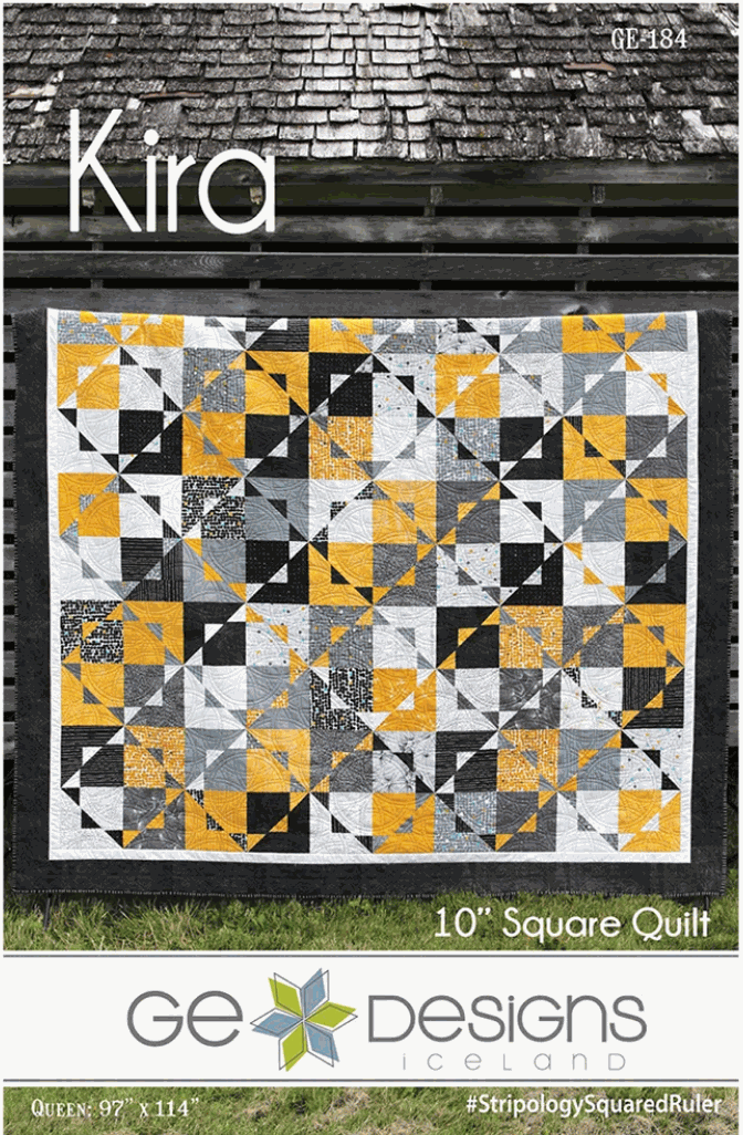 Kira Quilt Pattern by Gudrun Erla showcasing a modern 10-inch square quilt with yellow, gray, black, and white geometric design.