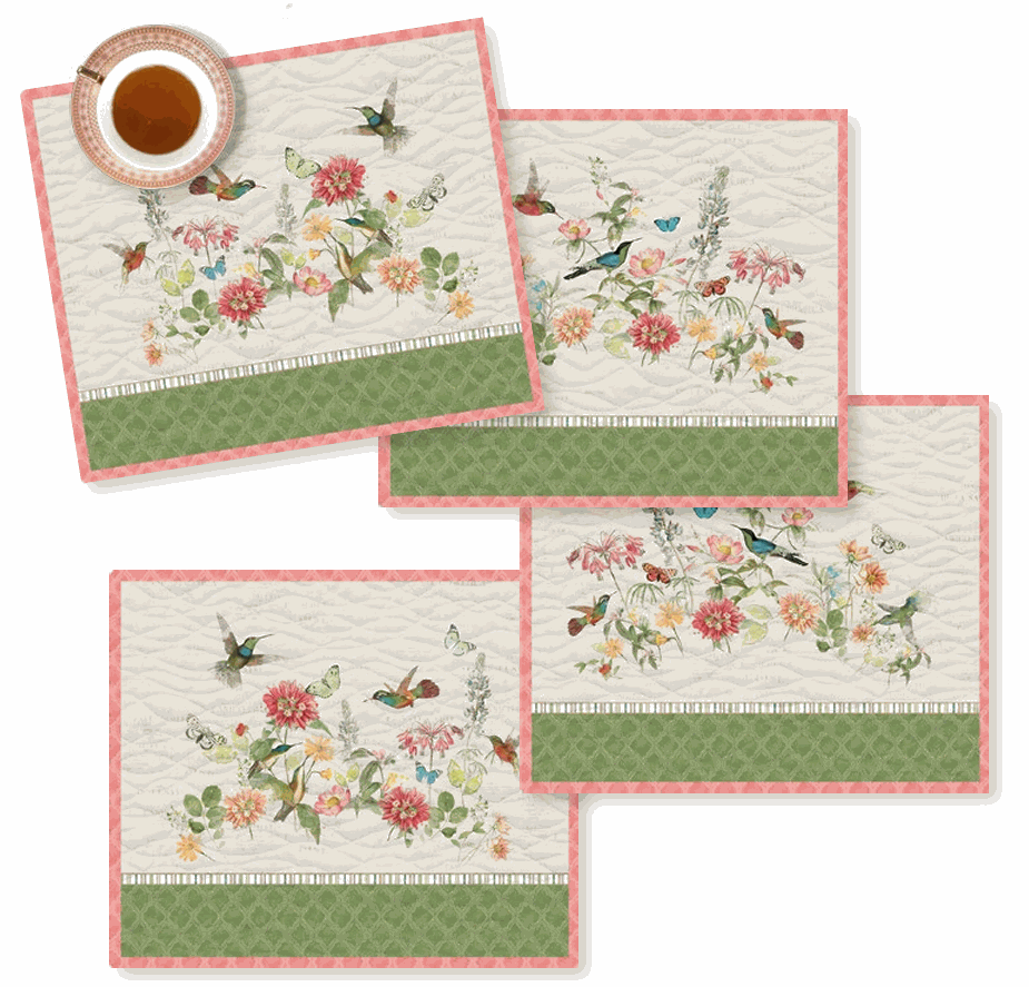 Easy Placemats Kit with four 17x20 inch placemats featuring Hummingbird Days fabric by Katie Pertiet