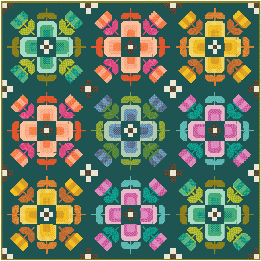 Casserole Quilt Kit featuring colorful casserole dish blocks on dark background by Elizabeth Hartman