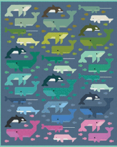 Whale Watching Quilt Kit with colorful whale designs by Elizabeth Hartman, 70x86 inches, Moda Fabrics pre-order
