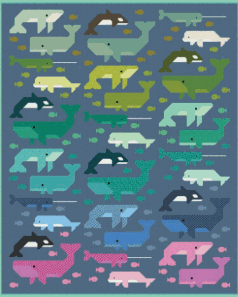 Whale Watching Quilt Kit with colorful whale designs by Elizabeth Hartman, 70x86 inches, Moda Fabrics pre-order