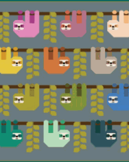 Snuggly Sloths Quilt Kit featuring colorful sloth blocks on gray background with leafy branches, 68x74 inches by Elizabeth Hartman and Moda Fabrics