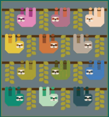 Snuggly Sloths Quilt Kit featuring colorful sloth blocks on gray background with leafy branches, 68x74 inches by Elizabeth Hartman and Moda Fabrics