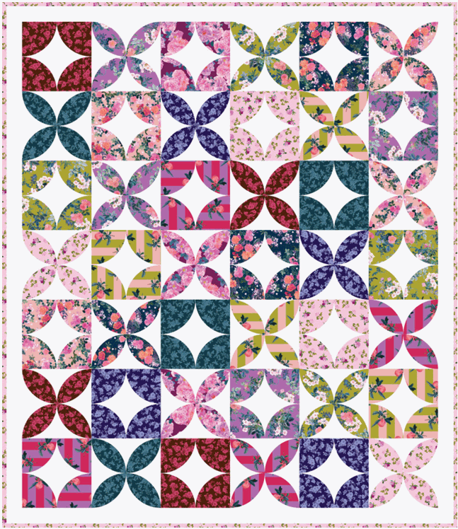 Mod Dreams quilt kit featuring colorful floral patchwork fabric by Adriana Picker for FIGO Fabrics