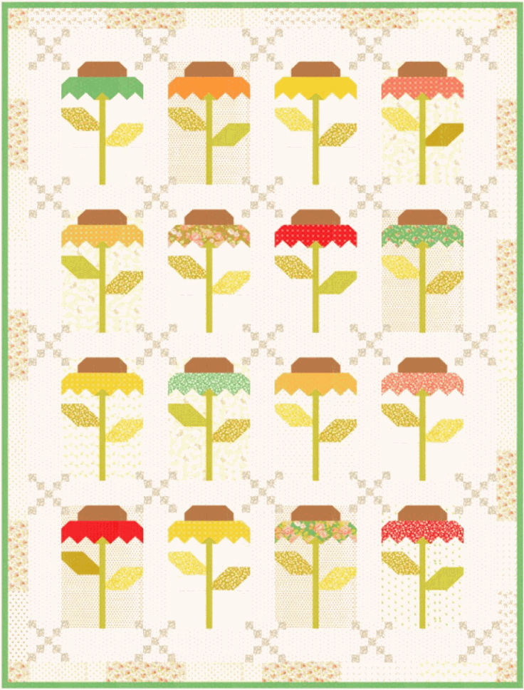 Black Eyed Susan Quilt Kit with Portofino fabrics and floral pattern by Joanna Figueroa