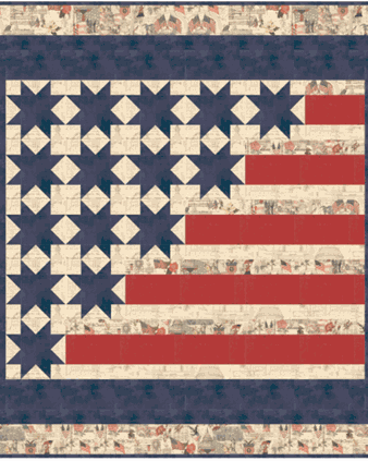 Two-Hundred Fifty Quilt Kit patriotic flag design with stars and stripes in red, white, and blue by 3 Sisters for Moda Fabrics