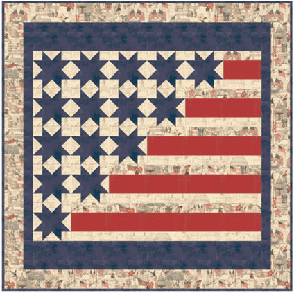 Two-Hundred Fifty Quilt Kit patriotic flag design with stars and stripes in red, white, and blue by 3 Sisters for Moda Fabrics