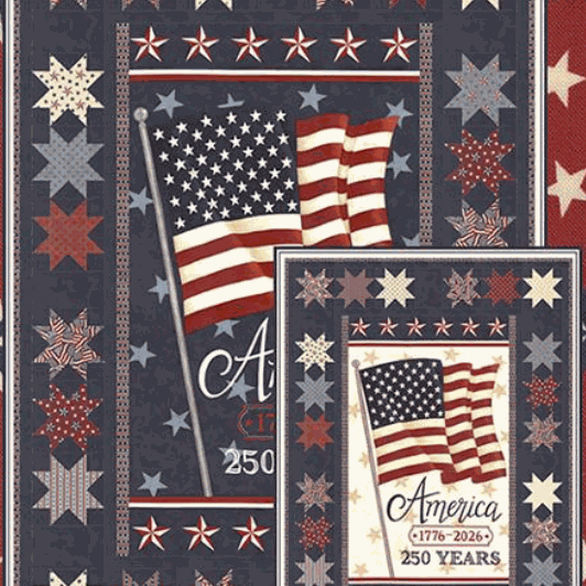 Celebrating 250 Quilt Kit featuring patriotic America 250 Years fabric panel and stars in light and dark colorways by Deb Strain