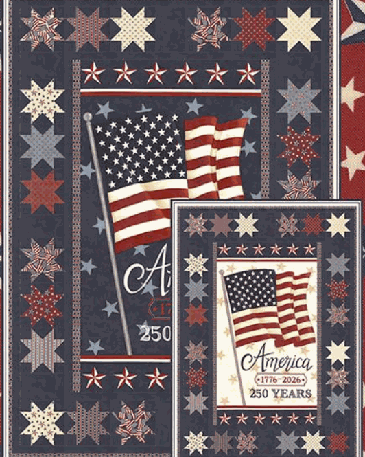 Celebrating 250 Quilt Kit featuring patriotic America 250 Years fabric panel and stars in light and dark colorways by Deb Strain