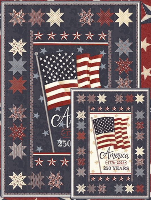 Celebrating 250 Quilt Kit featuring patriotic America 250 Years fabric panel and stars in light and dark colorways by Deb Strain