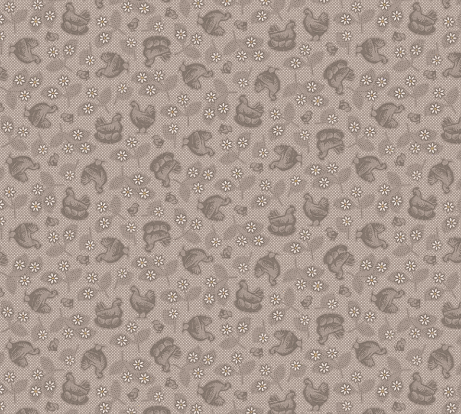 Farmer's Daughter Hens & Chicks Pewter fabric by Lori Holt with farm-inspired chicken and flower pattern in muted tones