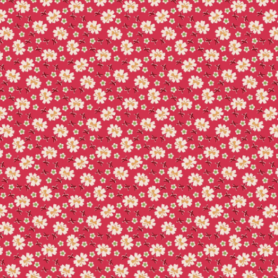 Farmer's Daughter Bows Tea Rose fabric with small white and yellow flowers on red background by Lori Holt