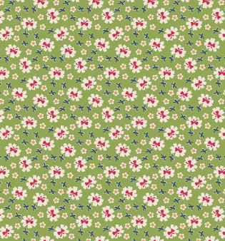 Farmer's Daughter Bows Thyme fabric by Lori Holt with small floral pattern on green background