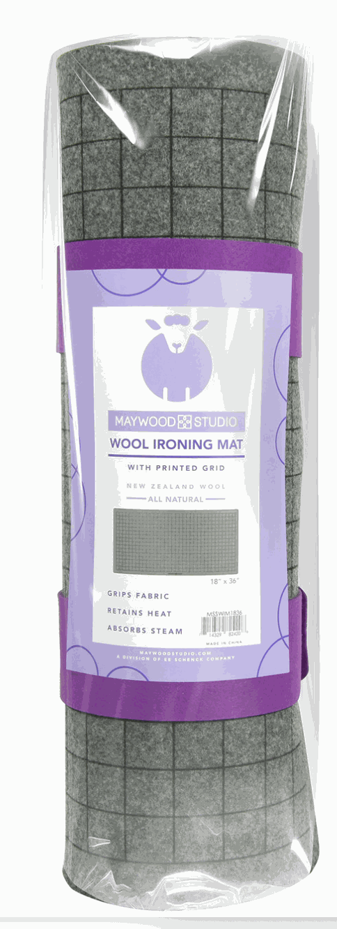 Maywood Studio Wool Iron Mat 18x36 with printed grid and solid reversible sides for quilting and sewing
