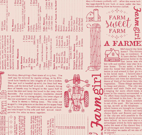 Farmer's Daughter fabric by Lori Holt with vintage farm life illustrations and tea rose background pattern