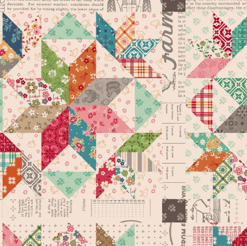 Farmer's Daughter fabric by Lori Holt featuring colorful vintage-inspired quilt patterns on neutral background
