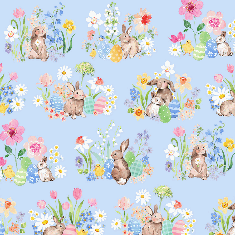Spring Cheer fabric digital toile light denim by Heatherlee Chan for Clothworks